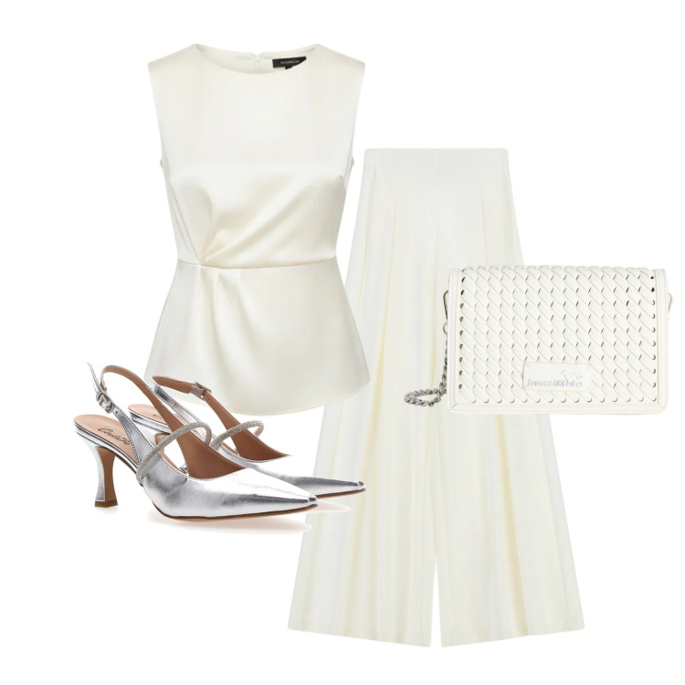 Outfit donna - Bianco latte. Stile Casual chic per Cerimonia. Abbinamento con borse a tracolla, pantaloni a palazzo, bluse, décolleté.