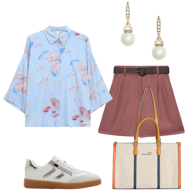 Outfit donna - Total look #2376999. Stile Casual per Mare. Abbinamento con sneakers, bermuda, borse tote, camicie, orecchini.