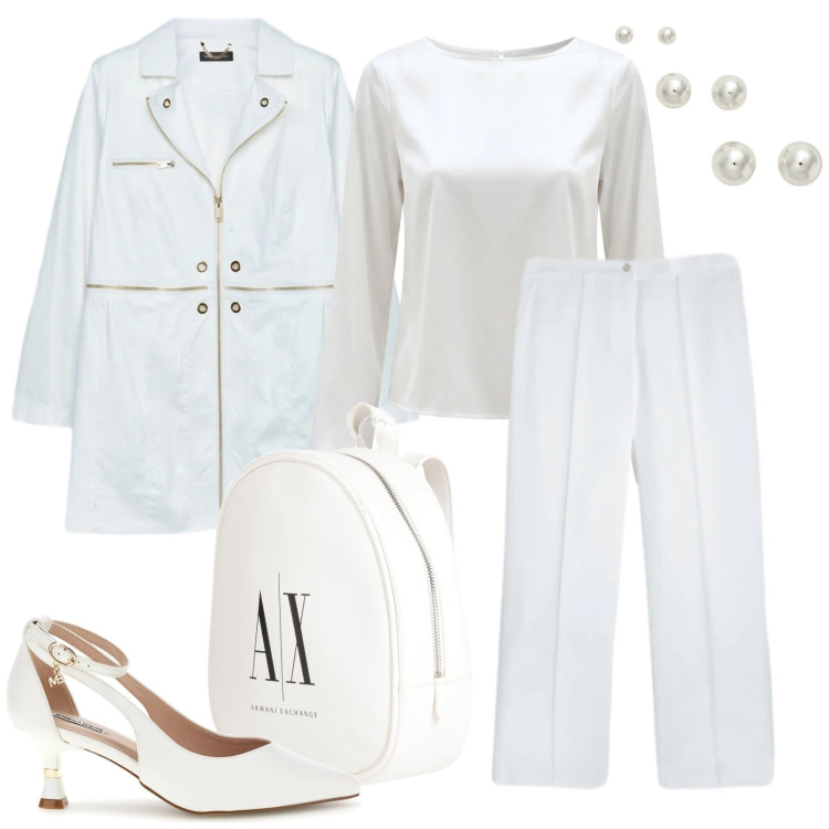 Outfit donna - Total look white. Stile Casual chic per Tutti i giorni. Abbinamento con zaini, cappotti, pantaloni, bluse, orecchini, décolleté.