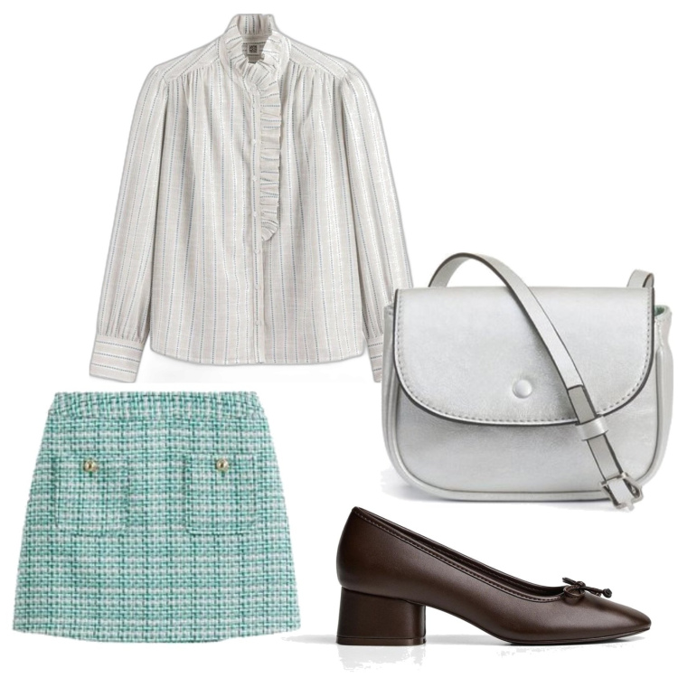 Outfit mujer - Bon ton look. Estilo Bon Ton para Oficina. Combinación con minifaldas, camisas, bolsos de mano, bailarinas.