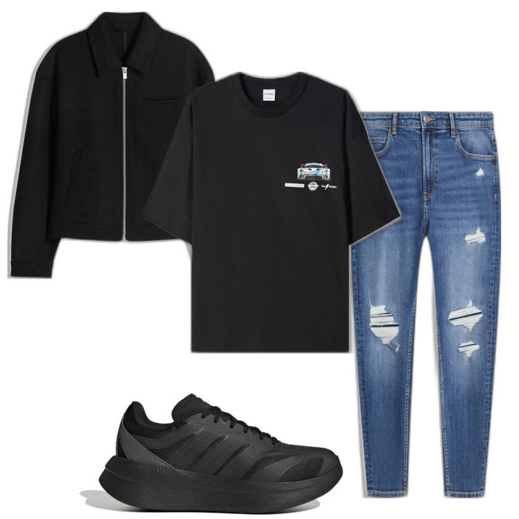 Outfit hombre - Casual. Estilo Casual para Todos los días. Combinación con camiseta, vaqueros rotos, sneakers, chaquetas.