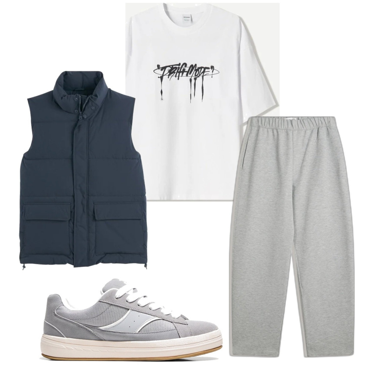 Outfit hombre - Casual look. Estilo Casual para Todos los días. Combinación con chalecos, sneakers, pantalones, camiseta.