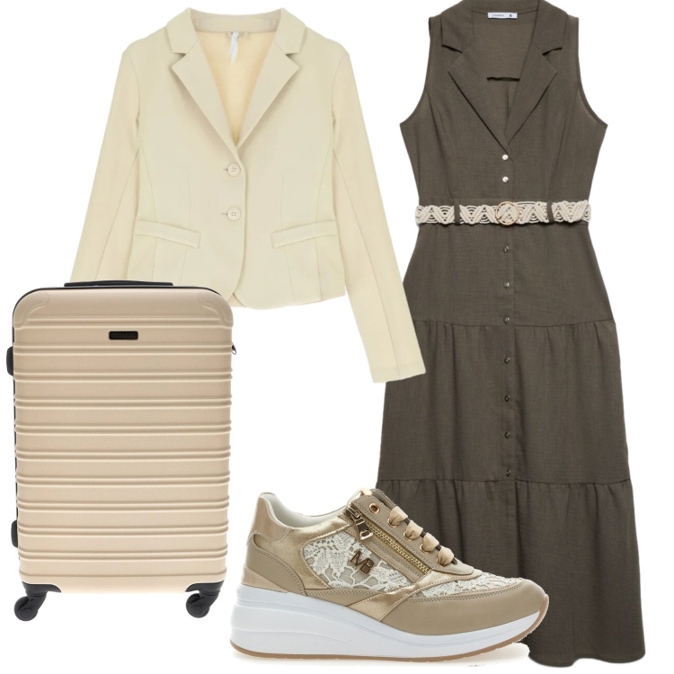 Outfit donna - Total look #2377022. Stile Casual per Tutti i giorni. Abbinamento con vestiti chemisier, blazer, scarpe stringate, valigie.