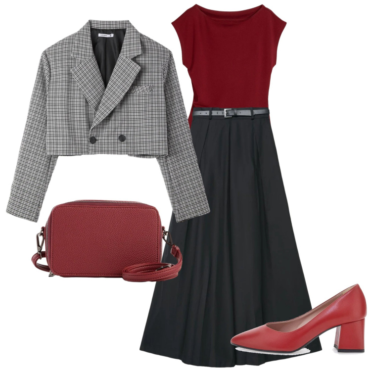 Outfit donna - Crimson Elegance –armocromia inverno. Stile Casual per Tutti i giorni. Abbinamento con borse a tracolla, canottiere, pantaloni, blazer, décolleté.
