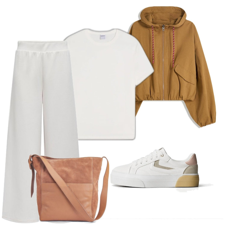Outfit mujer - Casual look. Estilo Casual para Todos los días. Combinación con bolso tote, blazers, pantalones, sneakers, camiseta.
