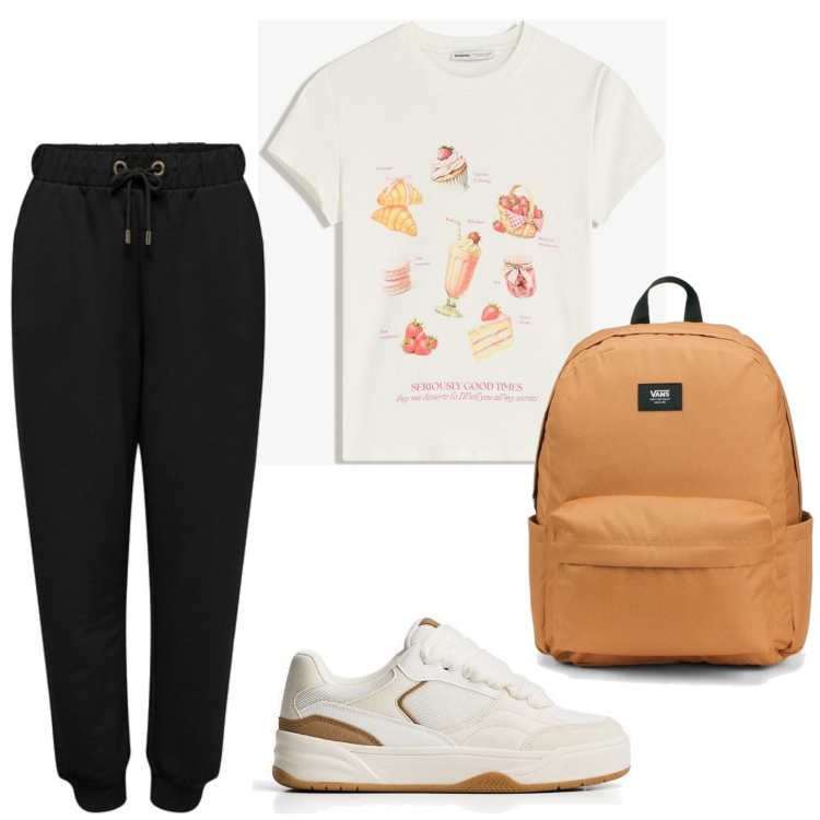 Outfit mujer - Deportes. Estilo Casual para Deporte. Combinación con mochilas, camiseta, sneakers, pantalones.