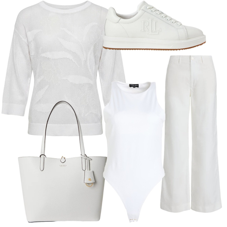 Outfit donna - Mi illumino di bianco. Stile Casual chic per Tutti i giorni. Abbinamento con body, maglieria, sneakers, pantaloni, borse tote.