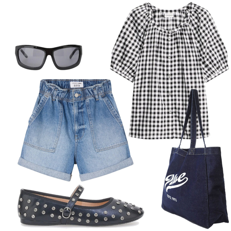 Outfit donna - Total look #2377031. Stile Minimal per Tutti i giorni. Abbinamento con bluse, occhiali da sole, shopping bag, ballerine, shorts.