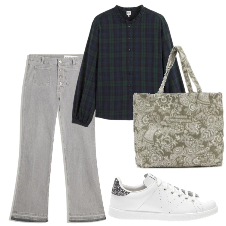 Outfit mujer - Urban style. Estilo Casual para Todos los días. Combinación con sneakers, bolso tote, vaqueros, camisas.
