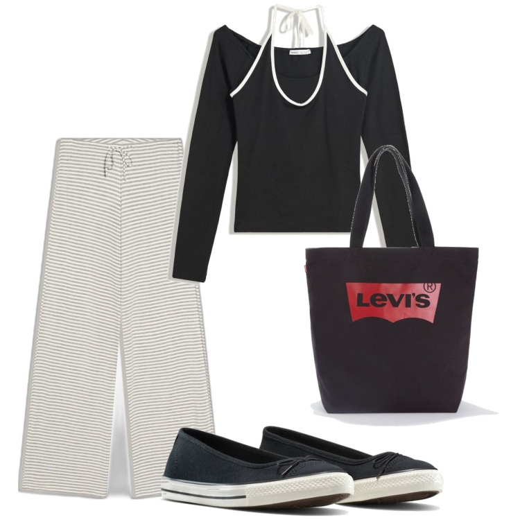 Outfit mujer - Casual. Estilo Casual para Todos los días. Combinación con bolso tote, bailarinas, camiseta, pantalones.