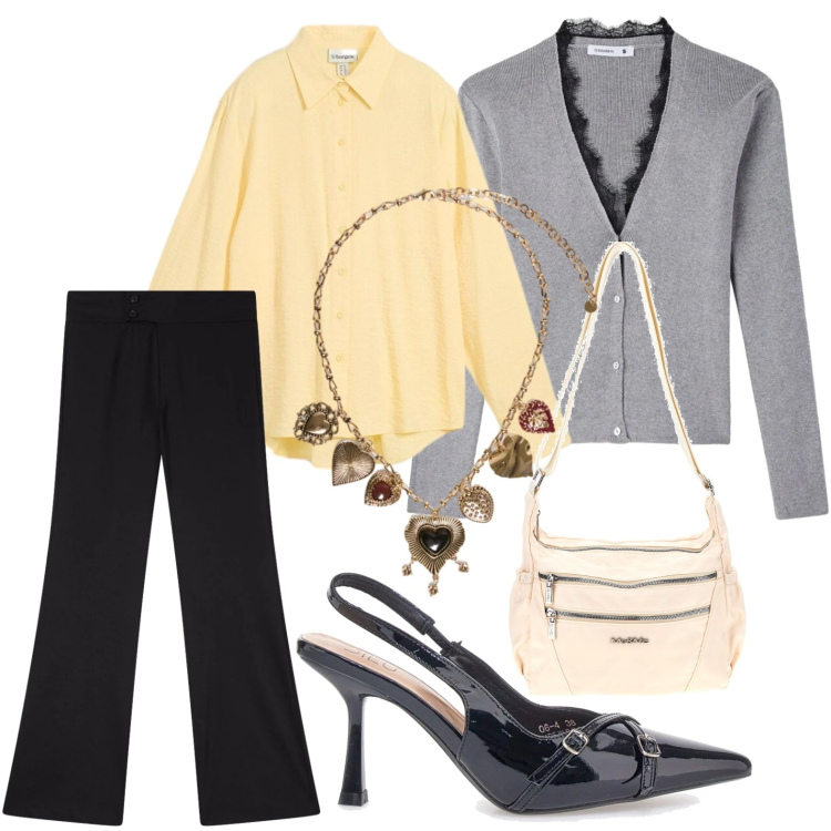 Outfit donna - Collana heart. Stile Minimal per Tutti i giorni. Abbinamento con camicie, collane, décolleté, borse a tracolla, cardigans, pantaloni.