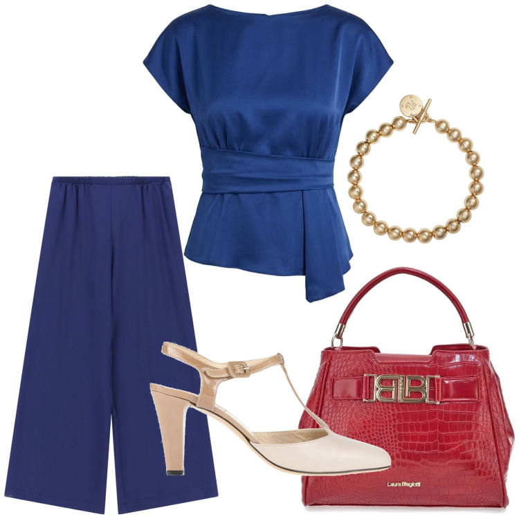Outfit donna - Capi morbidi. Stile Urban per Tutti i giorni. Abbinamento con décolleté, pantaloni a palazzo, bluse, braccialetti, borse a mano.