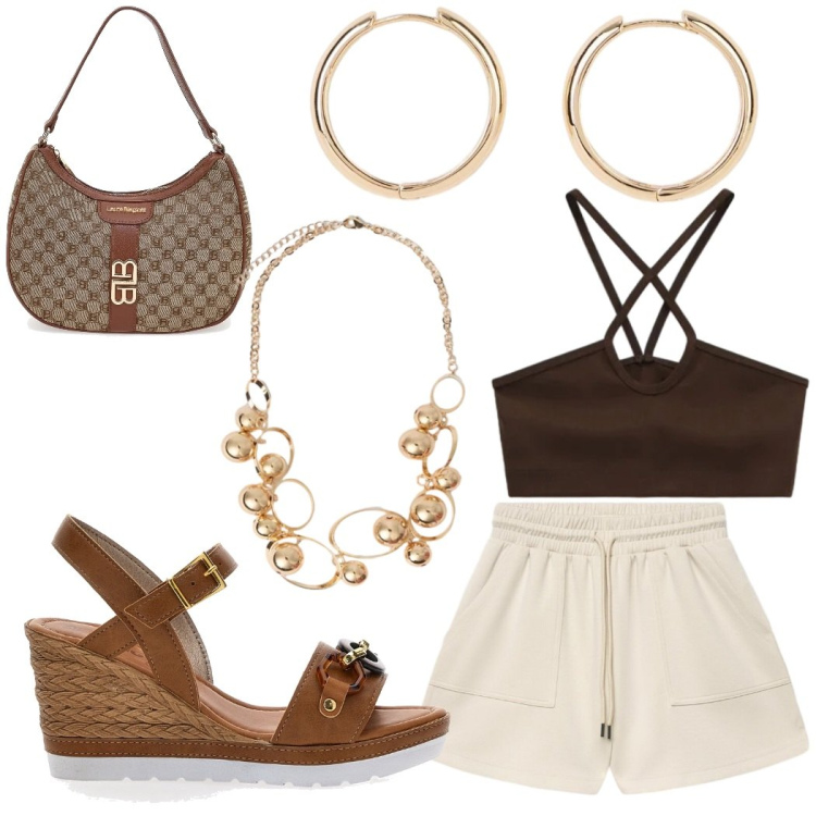 Outfit donna - E-state uniche. Stile Sporty chic per Tutti i giorni. Abbinamento con orecchini, bermuda, collane, top, sandali, borse a spalla.