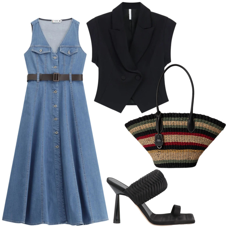 Outfit donna - Total look #2377050. Stile Trendy per Mare. Abbinamento con ciabatte, vestiti midi/longuette, gilet, borse tote.