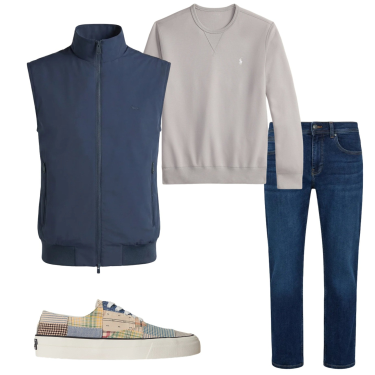 Outfit uomo - Casual style. Stile Urban per Tutti i giorni. Abbinamento con gilet, jeans dritti, felpe, sneakers.