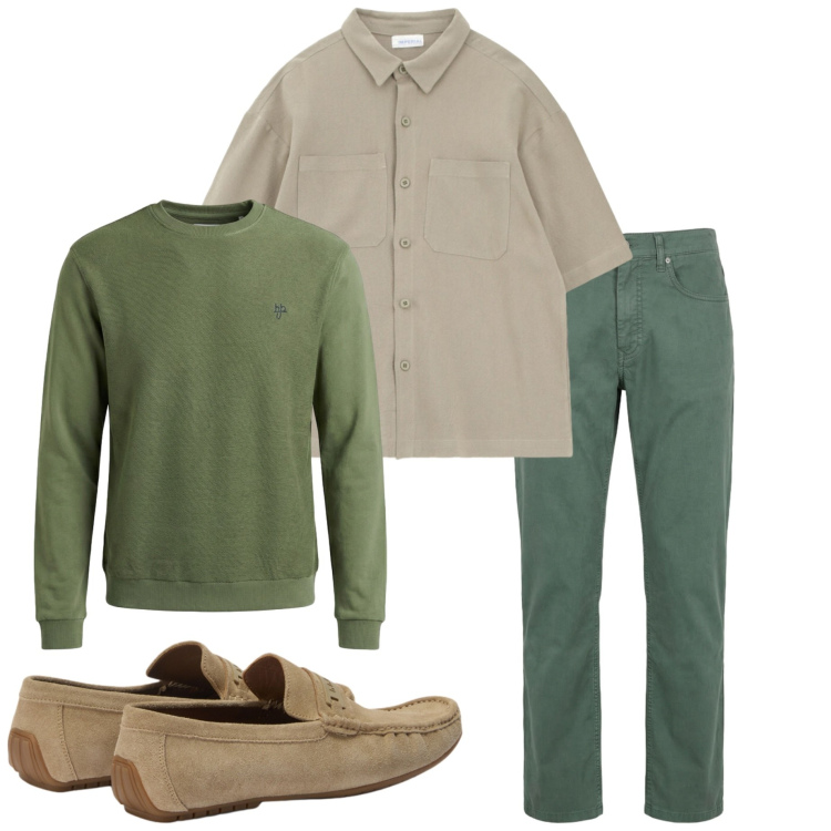 Outfit uomo - Aprile. Stile Casual per Tutti i giorni. Abbinamento con pantaloni, scarpe stringate, felpe, camicie a manica corta.