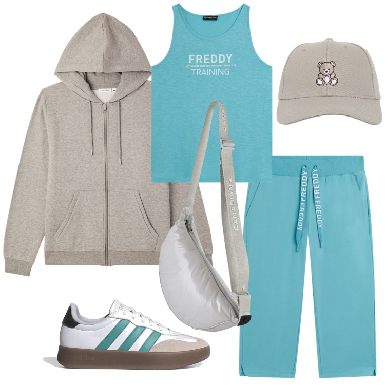 Outfit donna - Giornata di sport. Stile Sporty chic per Sport. Abbinamento con pantaloni, canottiere, borse a tracolla, cappelli con visiera, felpe con cappuccio, sneakers.