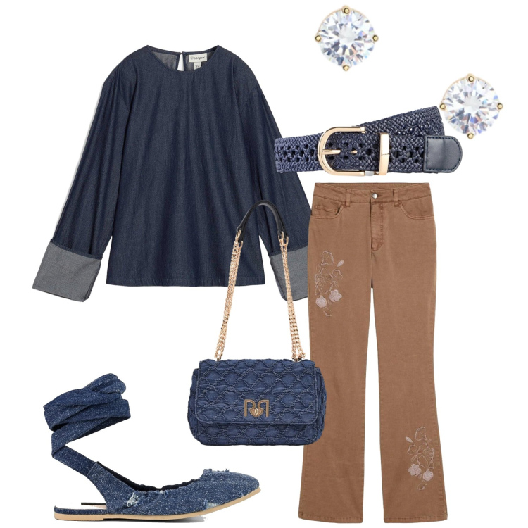 Outfit donna - Total look #2377063. Stile Minimal per Ufficio. Abbinamento con bluse, jeans bootcut, cinture, borse a spalla, orecchini, ballerine.