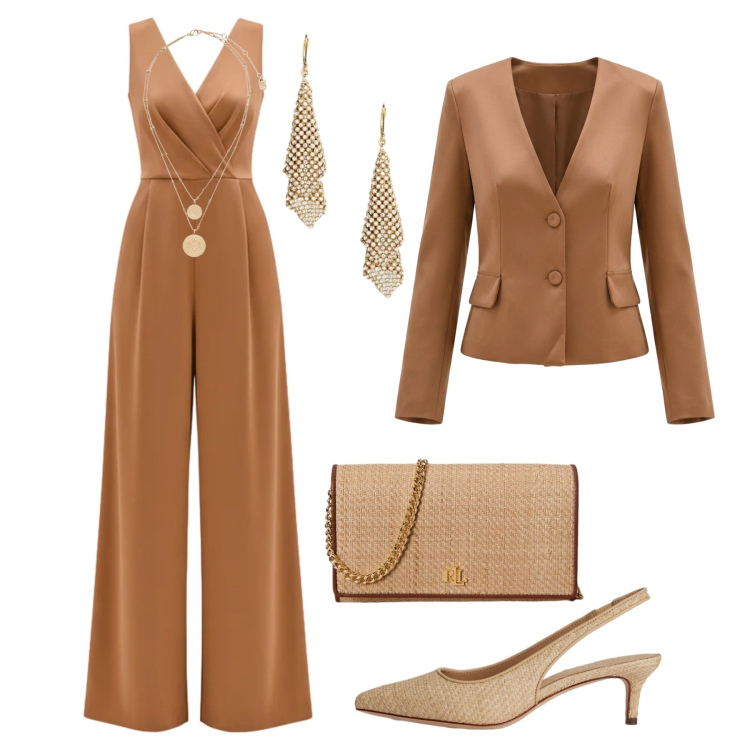 Outfit donna - Cerimonia fluida bronzo. Stile Chic per Cerimonia. Abbinamento con tute, blazer, borse a tracolla, ciondoli, orecchini, décolleté.