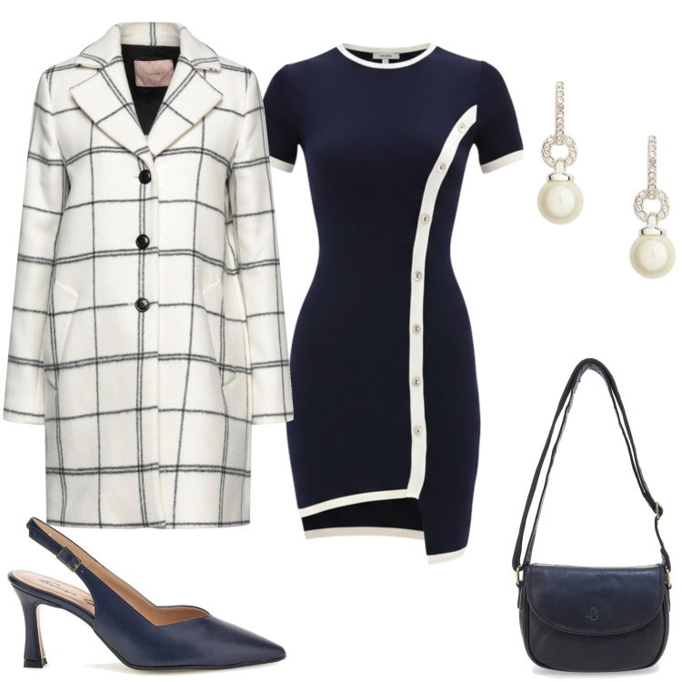 Outfit donna - Classico. Stile Casual chic per Serata fuori. Abbinamento con cappotti, vestiti asimmetrici, orecchini, borse a tracolla, décolleté.