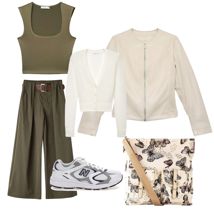 Outfit donna - La borsa con le farfalle. Stile Casual per Tutti i giorni. Abbinamento con borse a tracolla, cardigans, giacche, sneakers, pantaloni, top.