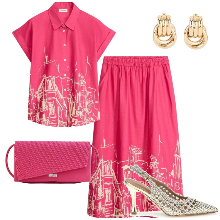 Outfit donna - Occhi da orientale. Stile Romantica per Cerimonia. Abbinamento con orecchini, gonne longuette, camicie a manica corta, décolleté, pochette.
