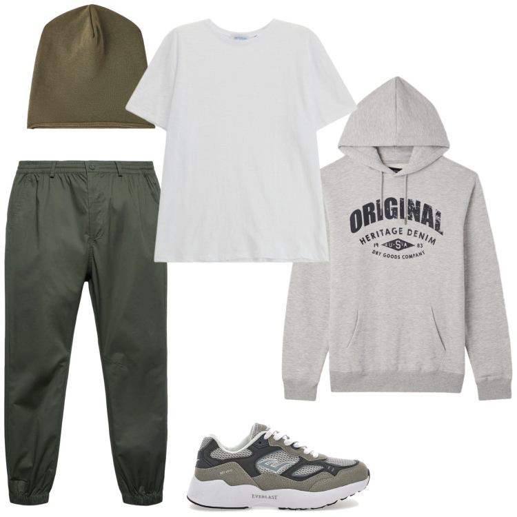 Outfit uomo - Total look #2377093. Stile Casual per Sport. Abbinamento con pantaloni, berretti, felpe con cappuccio, t-shirt, sneakers.