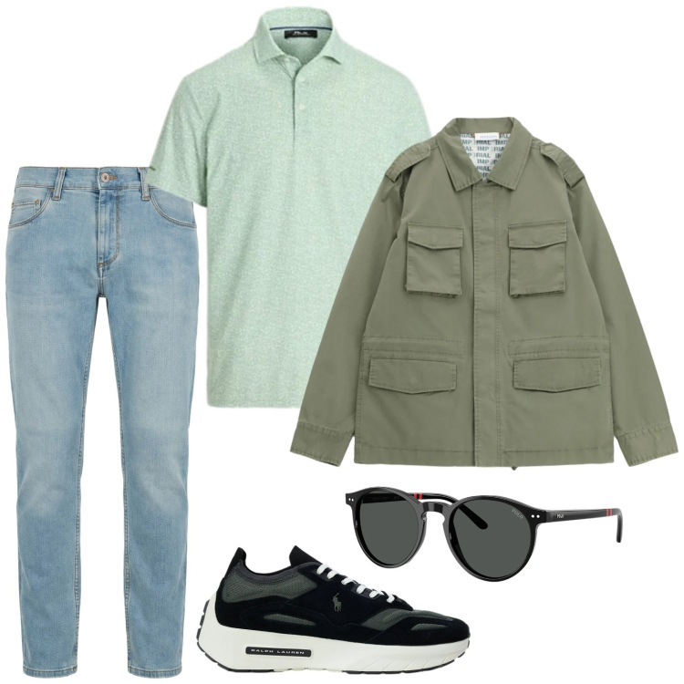 Outfit uomo - Total look #2377097. Stile Casual per Tutti i giorni. Abbinamento con cappotti, jeans slim fit, occhiali da sole, sneakers, polo.