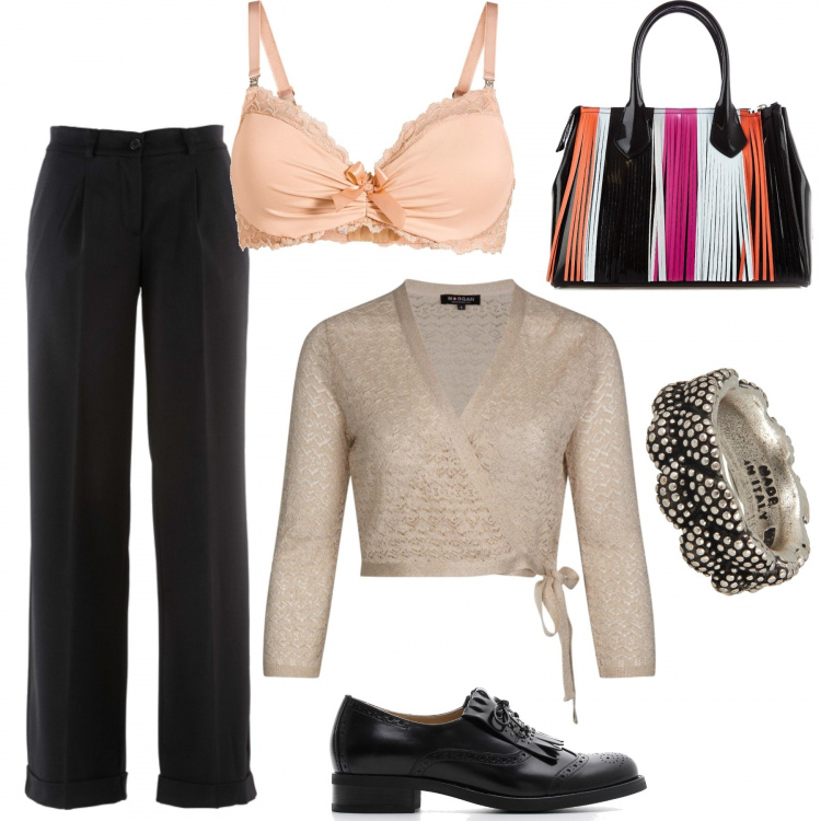 Outfit donna - Trendy #4325. Stile Trendy per Serata fuori. Abbinamento con pantaloni, cappotti, felpa avorio, scarpe stringate con frange nero, anello 100% nichel fatto a mano, borsa a mano con zip nero.