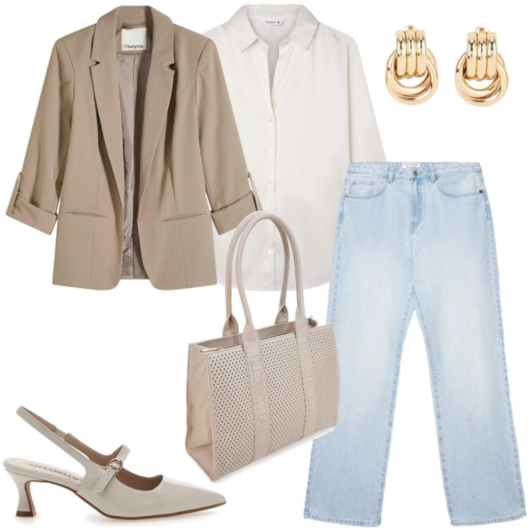 Outfit donna - Total look #2377101. Stile Casual per Ufficio. Abbinamento con orecchini, blazer, borse a spalla, camicie, décolleté, jeans dritti.