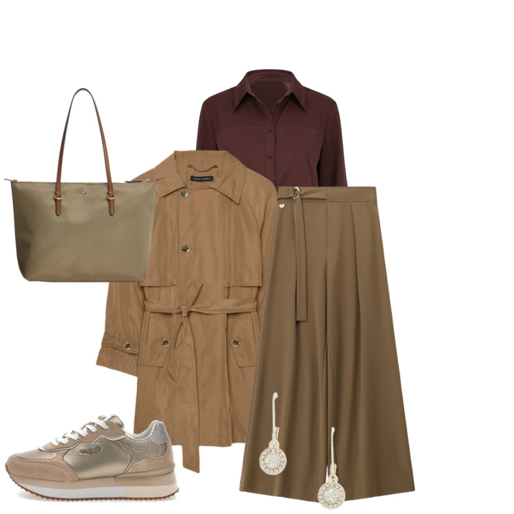 Outfit donna - Passeggiata autunnale. Stile Casual per Tutti i giorni. Abbinamento con trench, pantaloni a palazzo, camicie, borse tote, orecchini, sneakers.