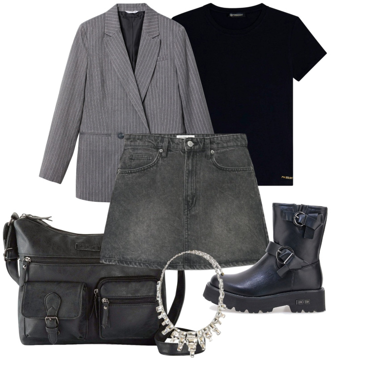 Outfit donna - Total look #2377108. Stile Rock per Tutti i giorni. Abbinamento con borse a tracolla, collane, t-shirt sportive, blazer, minigonne, anfibi.