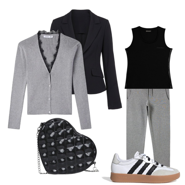 Outfit donna - Grigio …in Primavera. Stile Casual chic per Tutti i giorni. Abbinamento con cardigans, pantaloni, borse a tracolla, blazer, canottiere, sneakers.