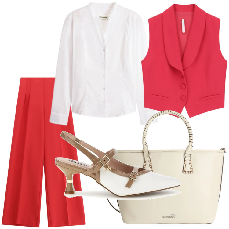 Outfit donna - Il gilet passpartout. Stile Trendy per Ufficio. Abbinamento con camicie, gilet, shopping bag, pantaloni a palazzo, décolleté.