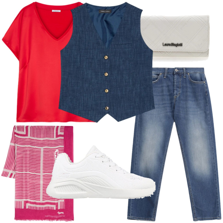 Outfit donna - Casual. Stile Casual per Tutti i giorni. Abbinamento con gilet, t-shirt, jeans dritti, sciarpe, sneakers, portafogli.