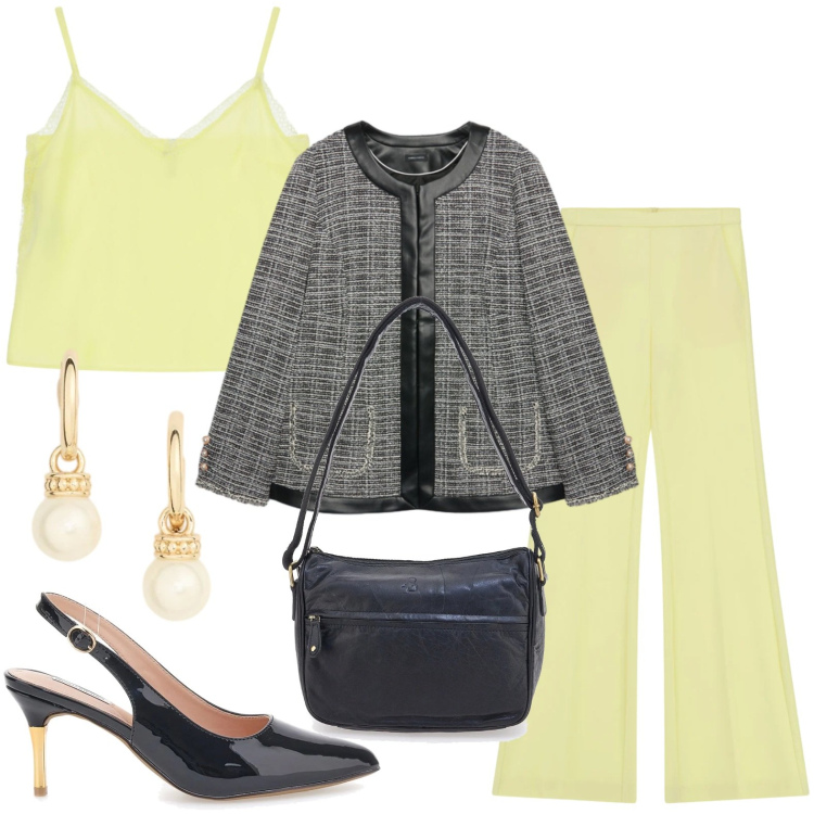 Outfit donna - Perle e slingback. Stile Minimal per Ufficio. Abbinamento con blazer, pantaloni, canottiere, orecchini, décolleté, borse a tracolla.