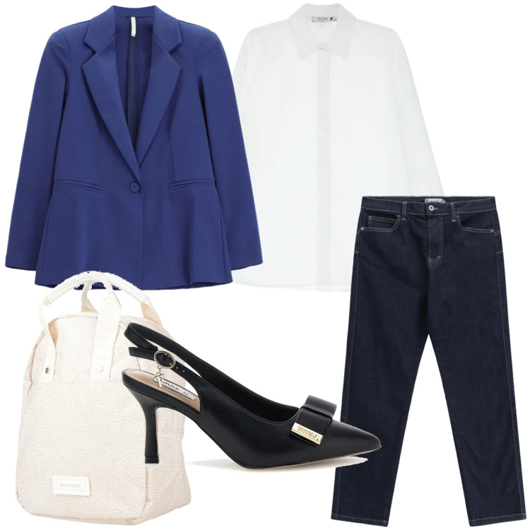 Outfit donna - Blazer navy. Stile Minimal per Ufficio. Abbinamento con zaini, jeans slim fit, camicie, blazer, décolleté.