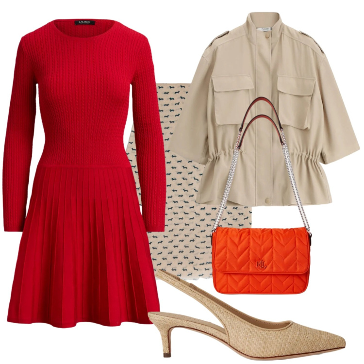 Outfit donna - Sahariana in città. Stile Trendy per Tutti i giorni. Abbinamento con sciarpe, parka, borse a tracolla, vestiti, décolleté.