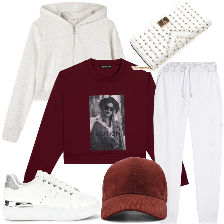 Outfit donna - Tempo libero. Stile Urban per Tutti i giorni. Abbinamento con felpe con cappuccio, pantaloni, felpe, portafogli, cappelli con visiera, sneakers.
