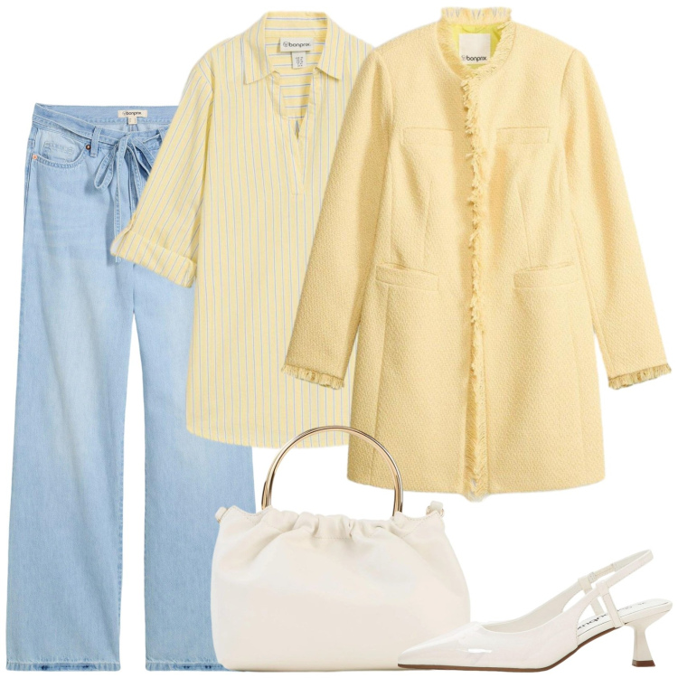 Outfit donna - Easy. Stile Casual chic per Ufficio. Abbinamento con décolleté, borse a tracolla, bluse, jeans, blazer.