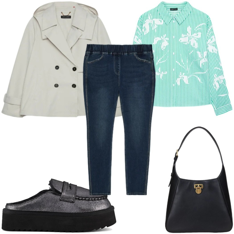 Outfit donna - Total look #2377124. Stile Casual per Tutti i giorni. Abbinamento con trench, jeggings, camicie, borse a spalla, mocassini.