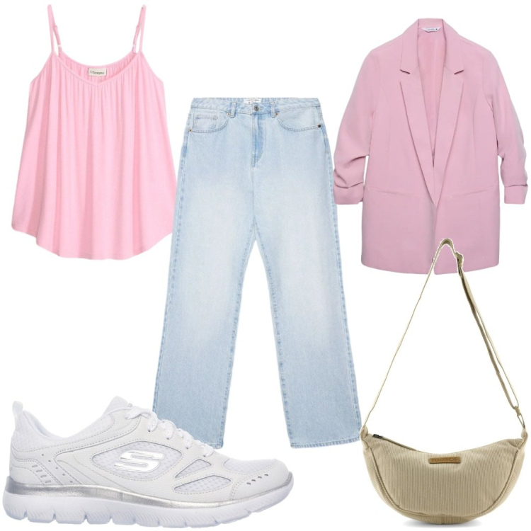 Outfit donna - Total look #2377128. Stile Casual per Tutti i giorni. Abbinamento con canottiere, borse a tracolla, blazer, jeans dritti, sneakers.