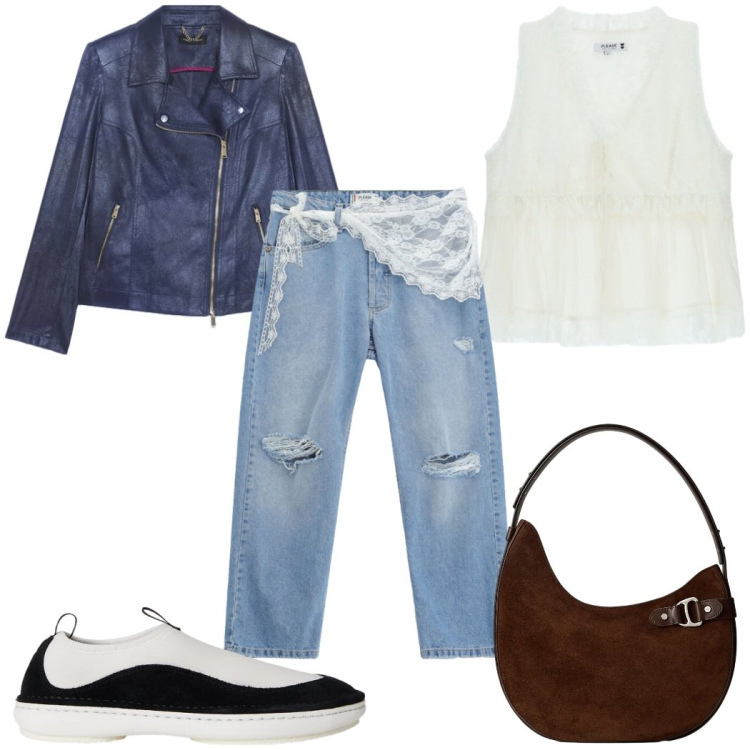 Outfit donna - Total look #2377130. Stile Basic per Tutti i giorni. Abbinamento con blazer, jeans strappati, top, borse a spalla, sneakers.