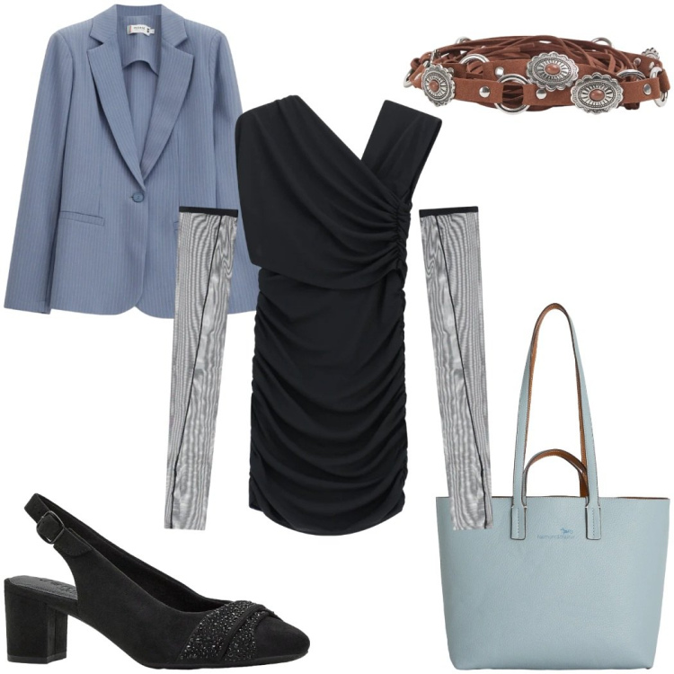 Outfit donna - Total look #2377131. Stile Trendy per Serata fuori. Abbinamento con décolleté, shopping bag, blazer, vestiti asimmetrici, cinture.