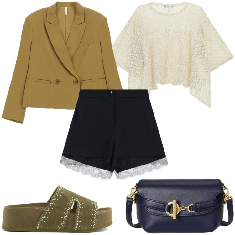 Outfit donna - Total look #2377135. Stile Boho per Tutti i giorni. Abbinamento con top, shorts, blazer, borse a tracolla, ciabatte.