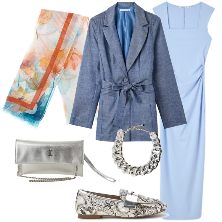 Outfit donna - Azzurro per pranzo. Stile Casual chic per Tutti i giorni. Abbinamento con vestiti midi/longuette, blazer, borse a tracolla, collane, mocassini, foulard.