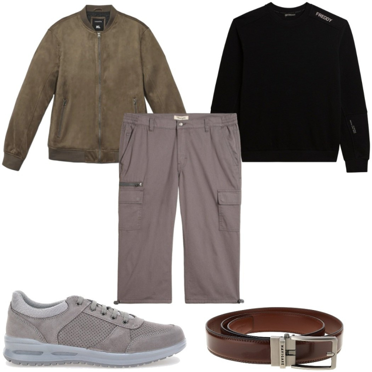 Outfit uomo - Giacca leggera di stagione : low cost. Stile Trendy per Tutti i giorni. Abbinamento con pantaloni capri, felpe, giacche, scarpe stringate, cinture.