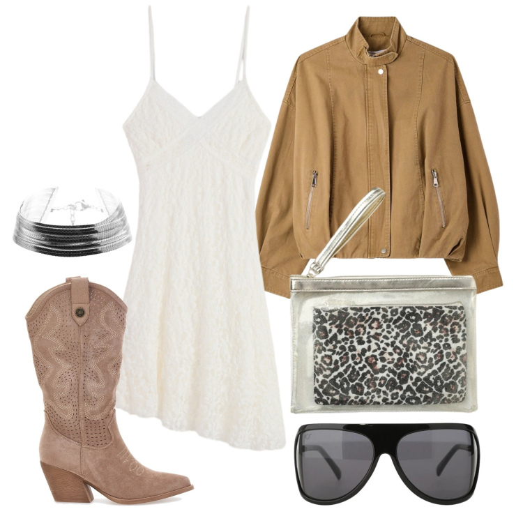 Outfit donna - Aprile. Stile Trendy per Tutti i giorni. Abbinamento con vestiti corti, pochette, bomber, occhiali da sole, braccialetti, stivali.