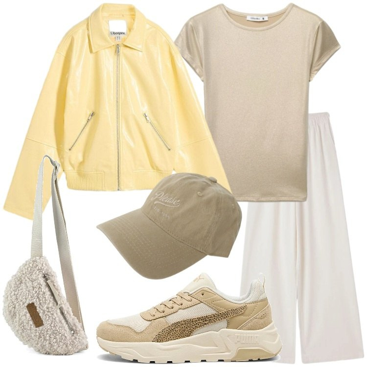 Outfit donna - Pasqua Casual. Stile Casual per Tutti i giorni. Abbinamento con cappotti, pantaloni, t-shirt, cappelli, sneakers, marsupi.