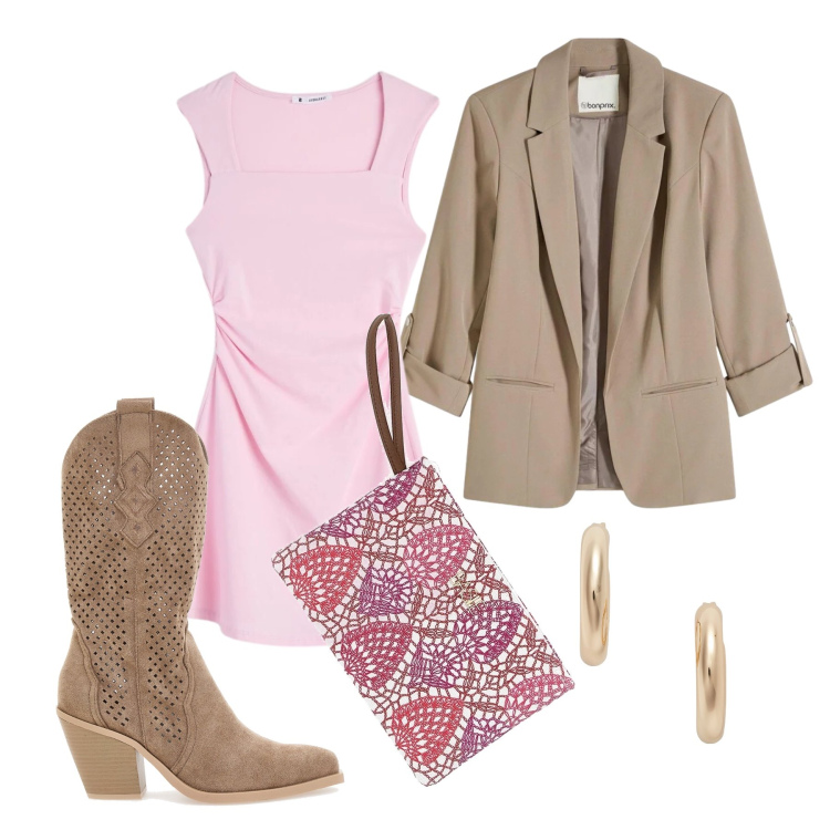 Outfit donna - Aprile. Stile Trendy per Tutti i giorni. Abbinamento con blazer, vestiti corti, orecchini, pochette, stivaletti.